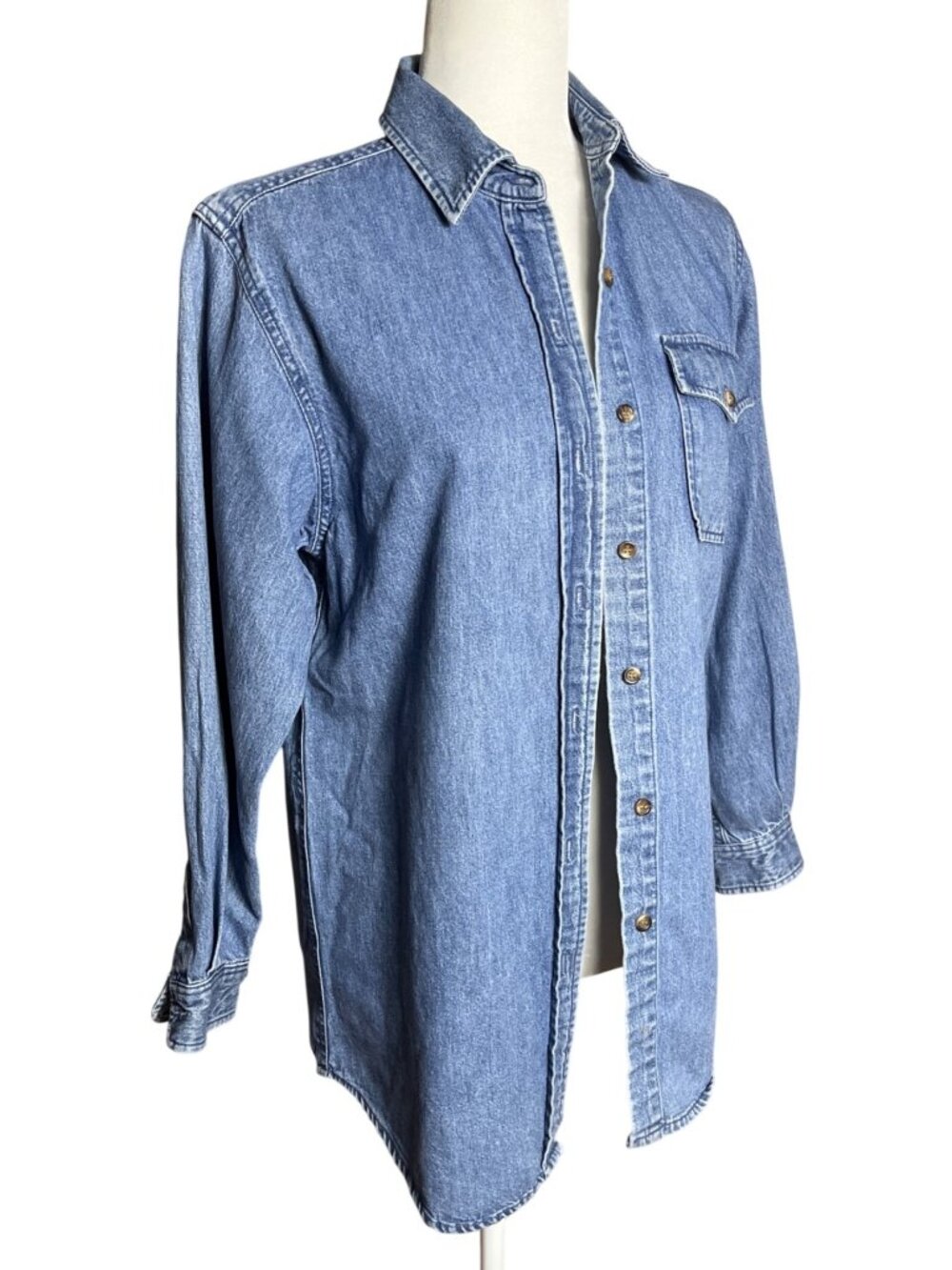 Vtg Denim Shirt Blue Cotton Button Up Casual Layering Jacket Basic Capsule Wom S